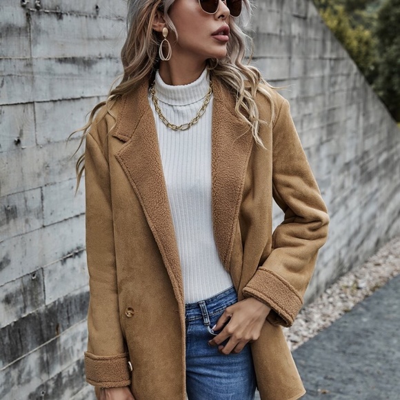 shearling lined vegan suede trench pea coat camel - Picture 5 of 7